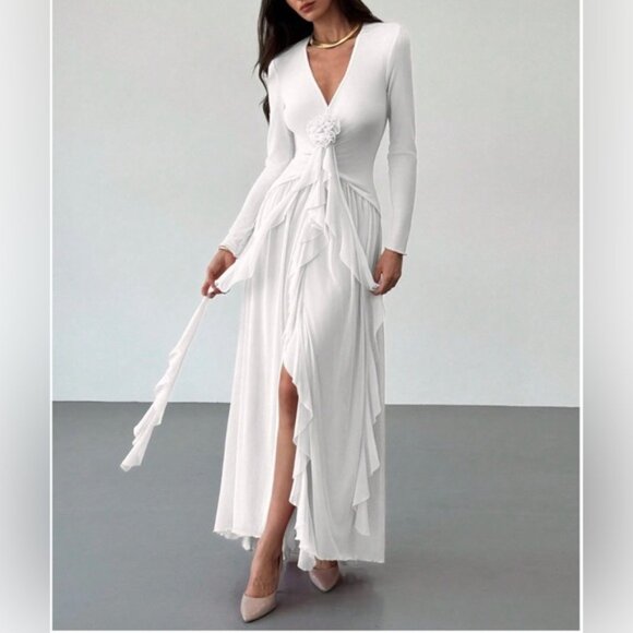 Ruffle Bow Floral Deep V Mesh Dress White - Picture 1 of 6